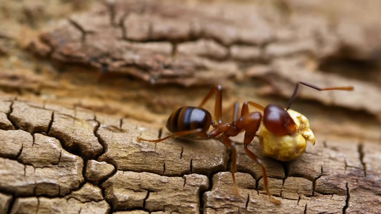 Formica rossa che trasporta polline sulla corteccia, intenso primo piano macro che mostra una formica operaia che trasporta polline dorato