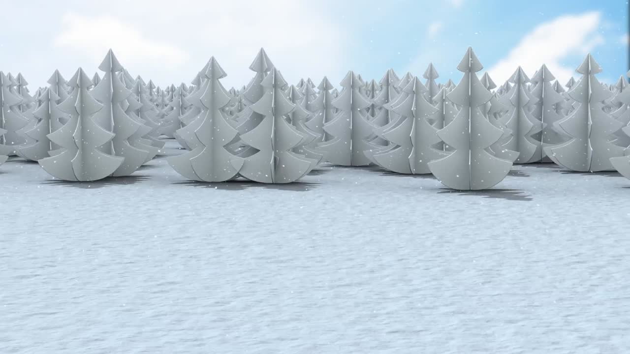 푸른 하늘을 배경으로 겨울 풍경에 여러 나무 위에 눈이 내리고 있습니다.