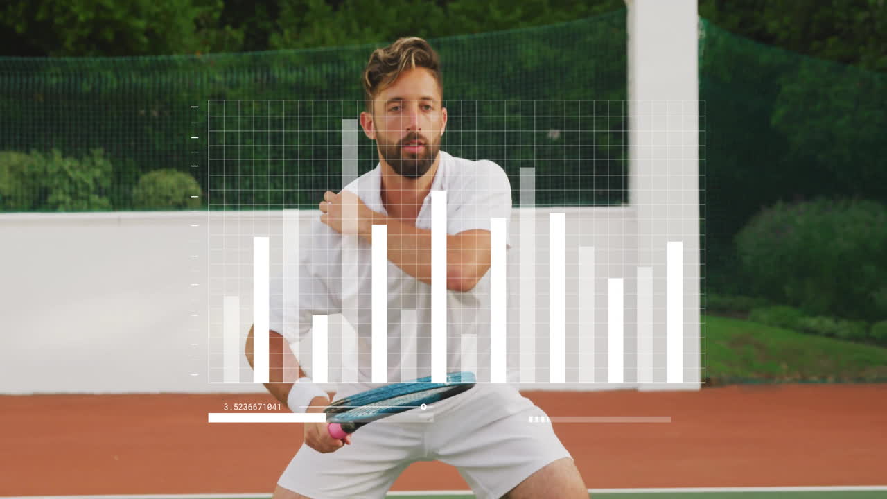 Male tennis player preparing return on clay court, showcasing digital technology bar chart overlay