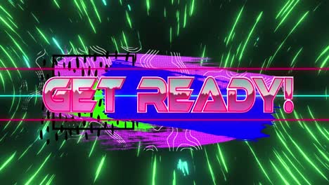 Animation-of-get-ready-text-with-with-colorful-banner-against-loop-of-neon-illuminated-lights