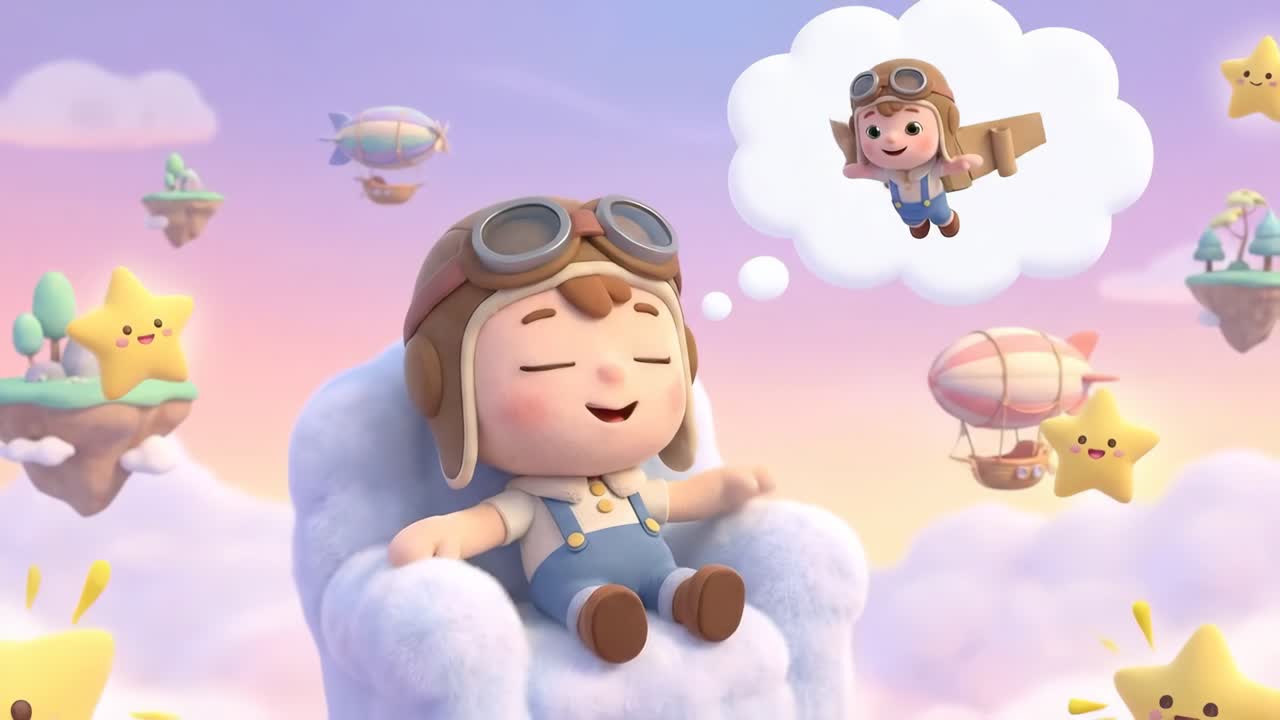 Dreamy Cartoon Boy Imagines Flying in a Whimsical Pastel Sky