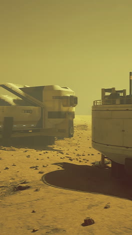 futuristic vehicles sit on a barren martian surface surrounded by rocks