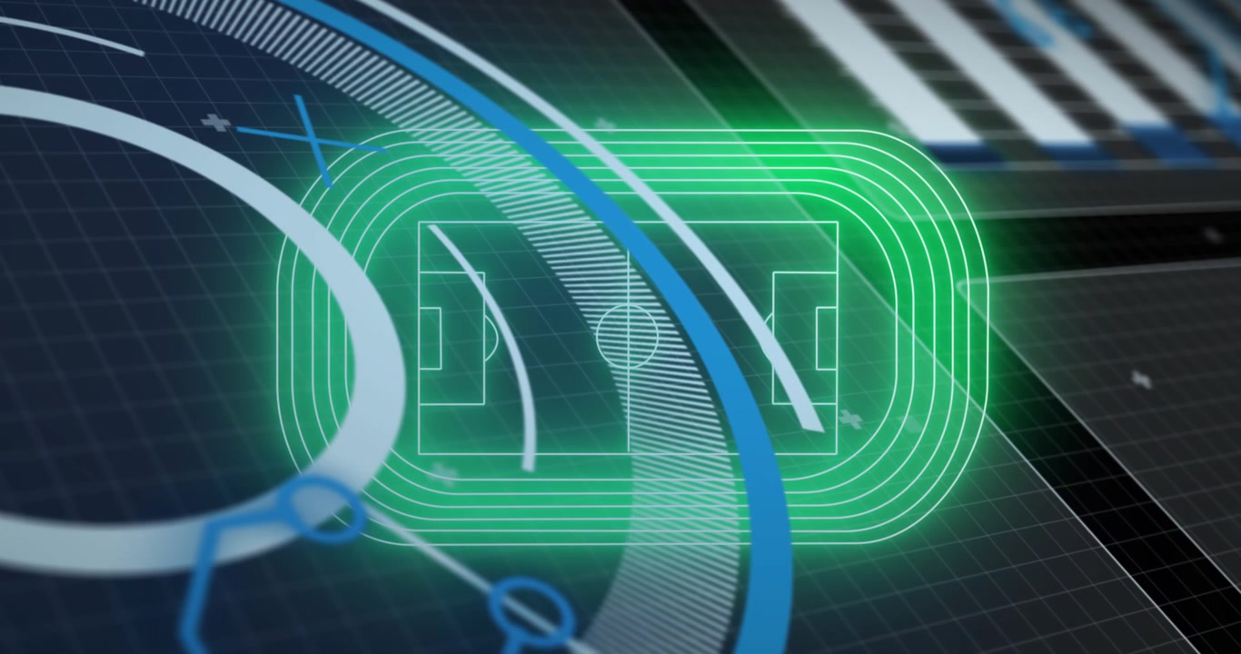 Animation of data processing over digital stadium on black background
