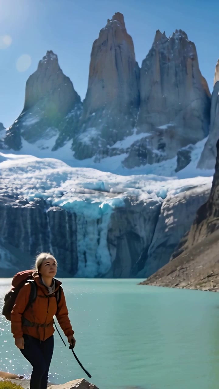 Video verticale: Escursionista in pausa con cappotto scuro che sorseggia acqua, camminando sulla riva di un lago glaciale verso un ghiacciaio.