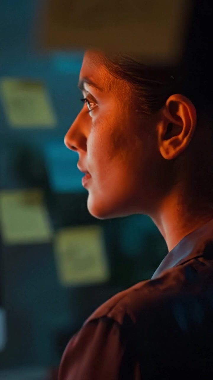 Focused Individual Working Late at Night with Computer and Sticky Notes, Highlighting Concentration and Creativity in a Dimly Lit Office Environment
