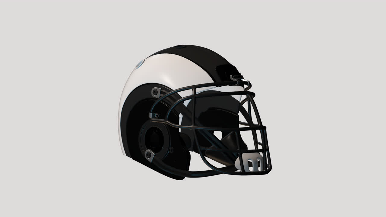 Capacete de futebol americano preto e branco girando em um plano de fundo branco