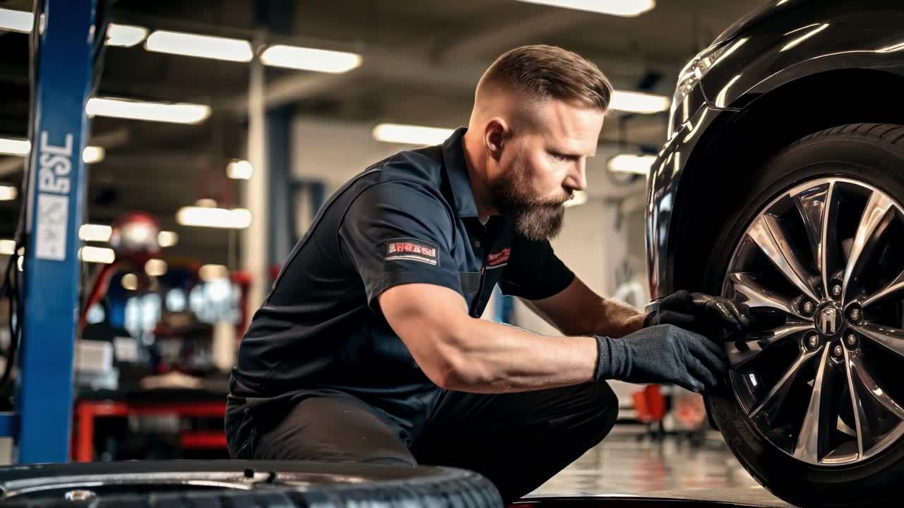 Low-angle shot of a mechanic working on a car tire in a garage, showcasing hands-on expertise