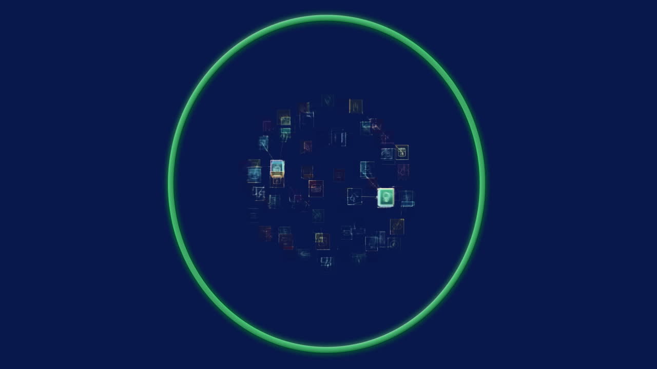 Icons and symbols rotating within green circle animation on dark blue background