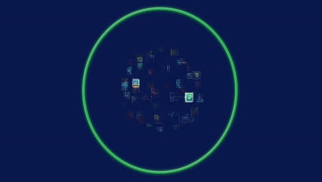 iconos y símbolos girando dentro de la animación de círculo verde sobre fondo azul oscuro