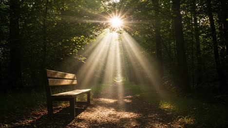 captivating sunlight streaming through a forest canopy, illuminating a path and a wooden bench in a serene natural setting