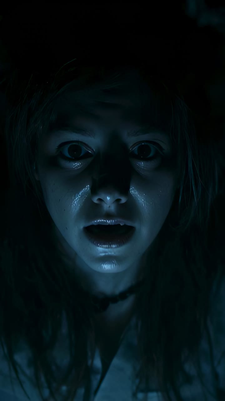 Vertical video: Underlight glowing, woman holding fixed gaze toward camera in dark room with choker