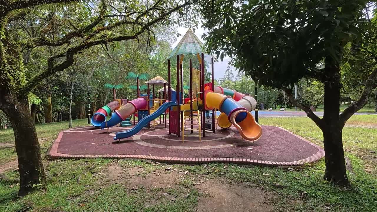 A vibrant public playground for children in a beautiful tropical park. Sunny weather enhances the cheerful outdoor atmosphere