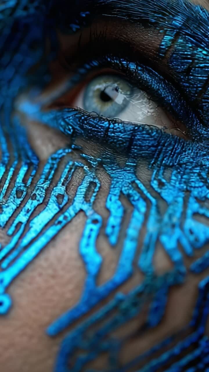 Intricate Blue Circuitry Makeup Design Highlighting the Eye, Blending Technology and Art in a Striking Visual Representation
