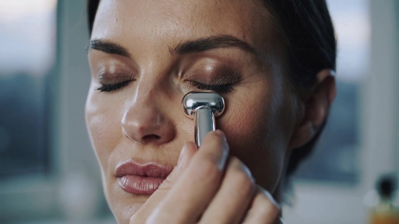 Massaging woman starting skincare routine rolling metal T roller under right eye at vanity