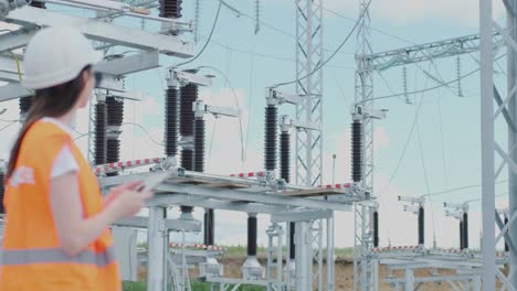 an engineering employee makes a tour and inspection of a modern electrical substation. energy.