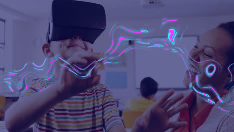 animación de rastros de luz brillante de transferencia de datos y niño caucásico en auriculares vr