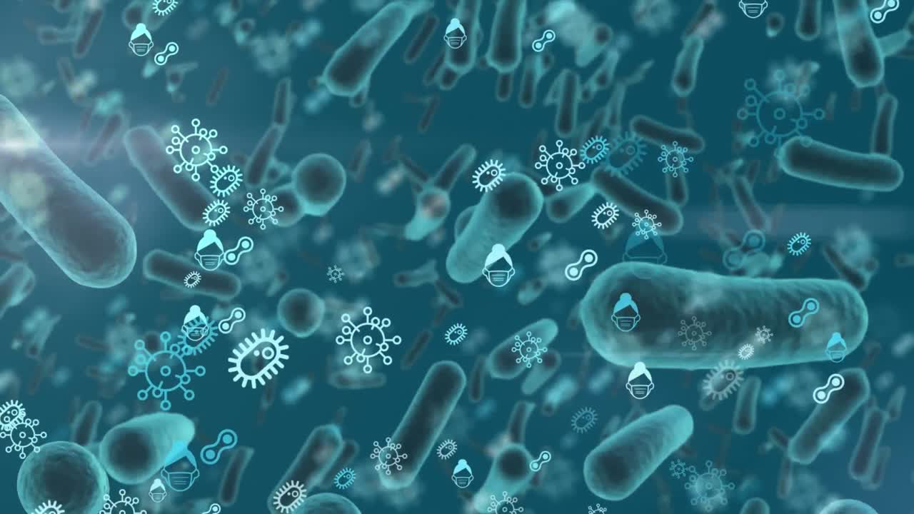 대규모 코로나19 세포의 애니메이션과 파란색 배경에 떠다니는 그림.