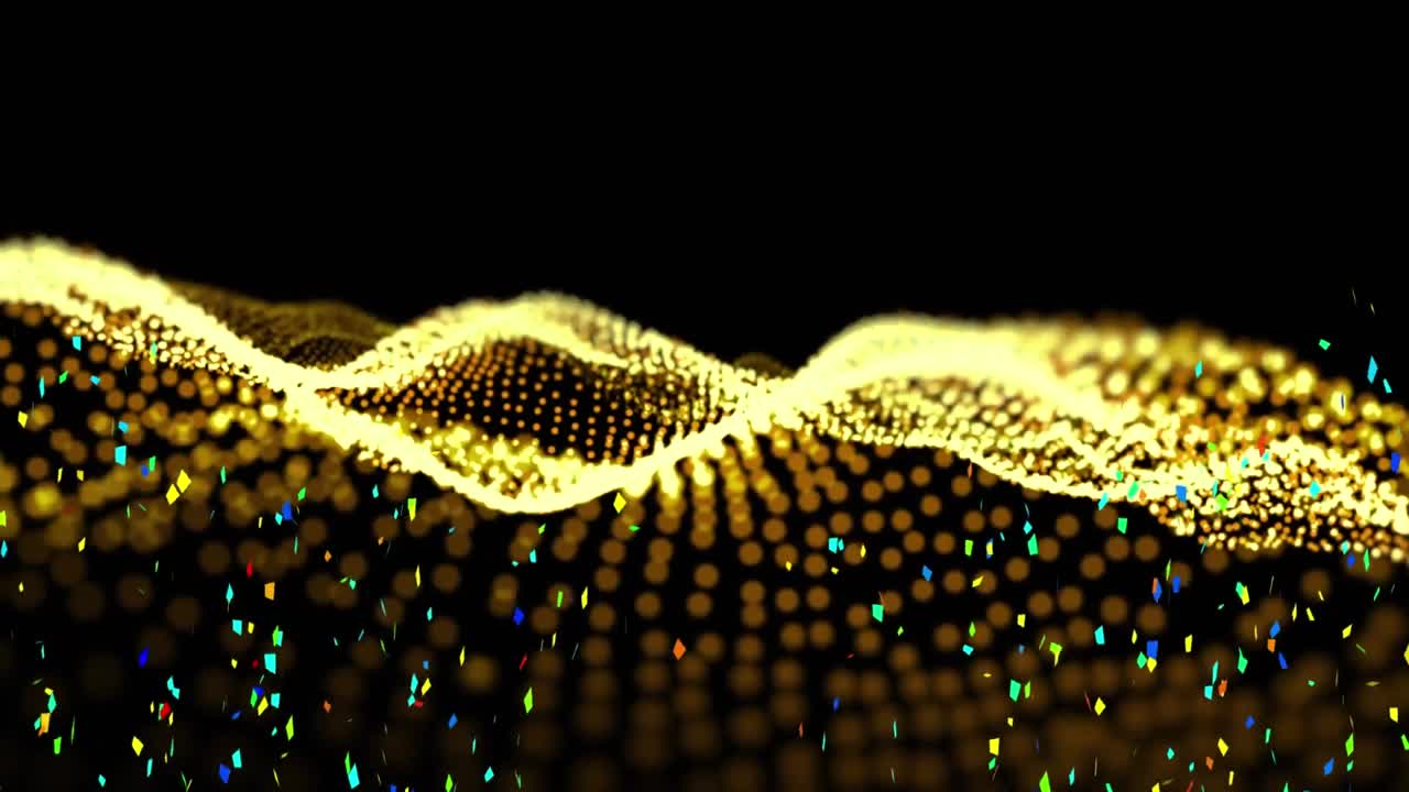 검은색 배경에 노란색 디지털 파도 위에 떨어지는 다채로운 콘페티의 디지털 애니메이션