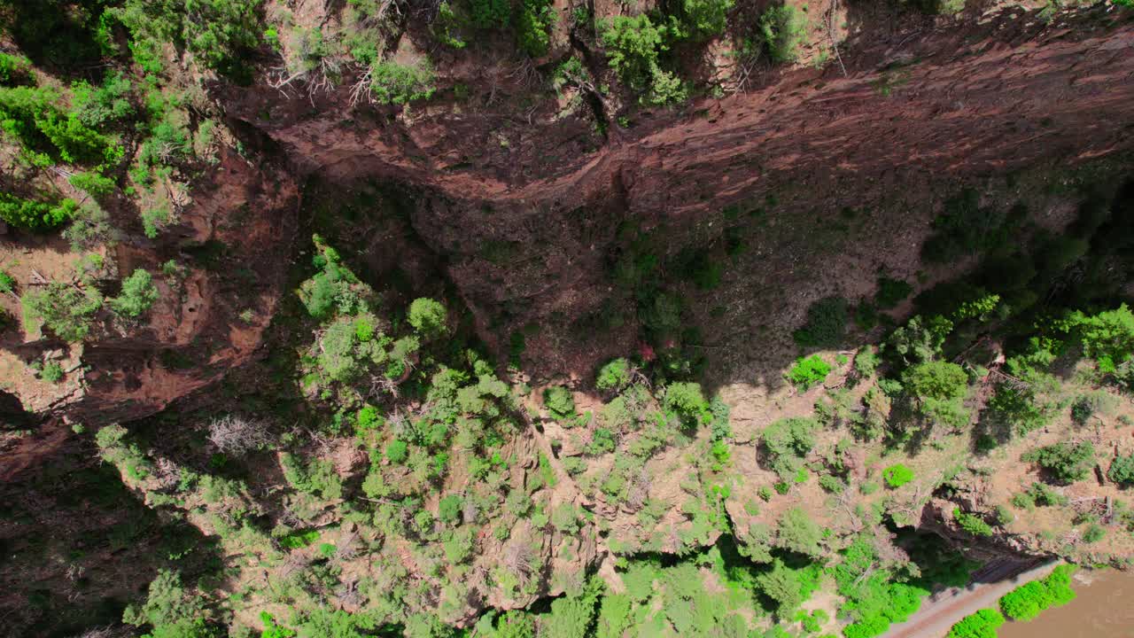4K Drone Shot Flying Down The Face Of A Steep Rocky Canyon Cliff Wall Covered In Lush Green Pine Trees Near Glenwood Canyon Colorado USA