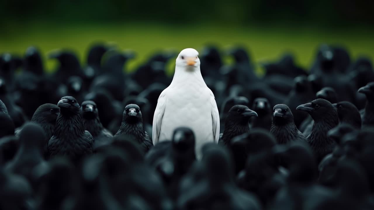 un pájaro blanco de pie en el medio de una bandada de pájaros negros