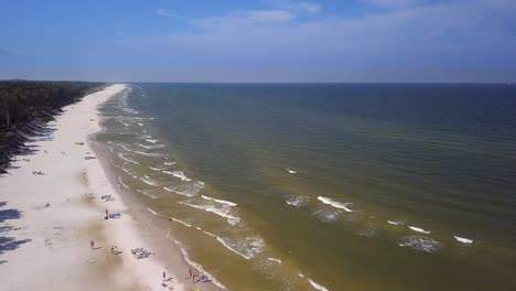 Drone-footage-of-a-sandy-beach,-sunny-summer-day,-Baltic-Sea,-Poland,-Lubiatowo