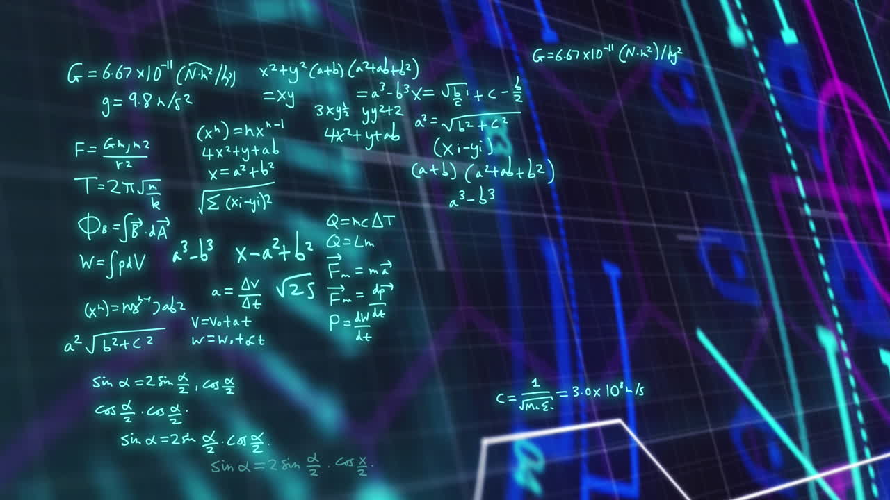 Animation of mathematical formulae and scientific data processing over black background