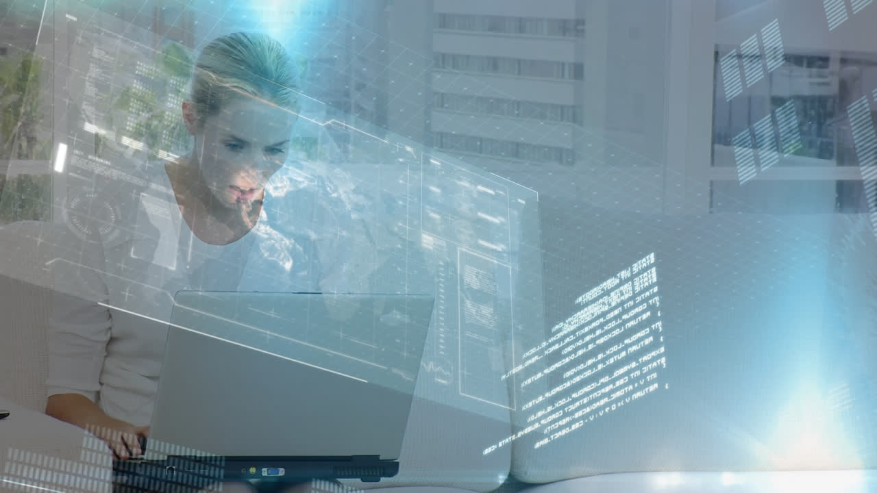 animación del procesamiento de datos sobre una estudiante usando una computadora portátil aprendiendo desde casa