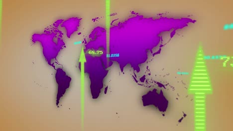 animation of financial data processing and arrows over world map