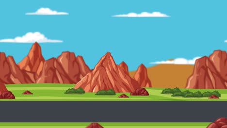 a vibrant animation of a desert landscape with shifting mountains and clear skies, showcasing dynamic movement and vivid colors