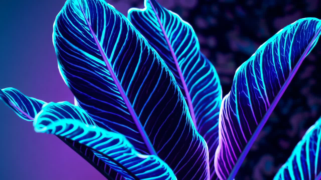 Vibrant Neon Blue and Purple Glowing Plant Leaves
