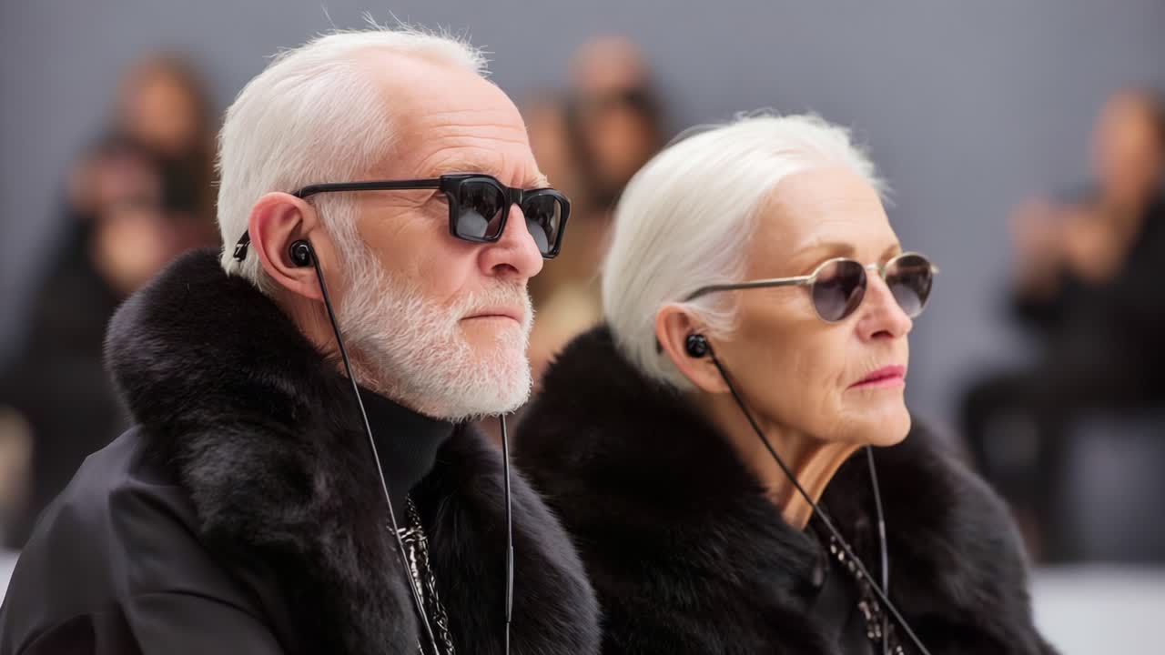 A captivating moment featuring stylish older individuals adorned with fur accents and sunglasses, embodying elegance and sophistication in a contemporary setting