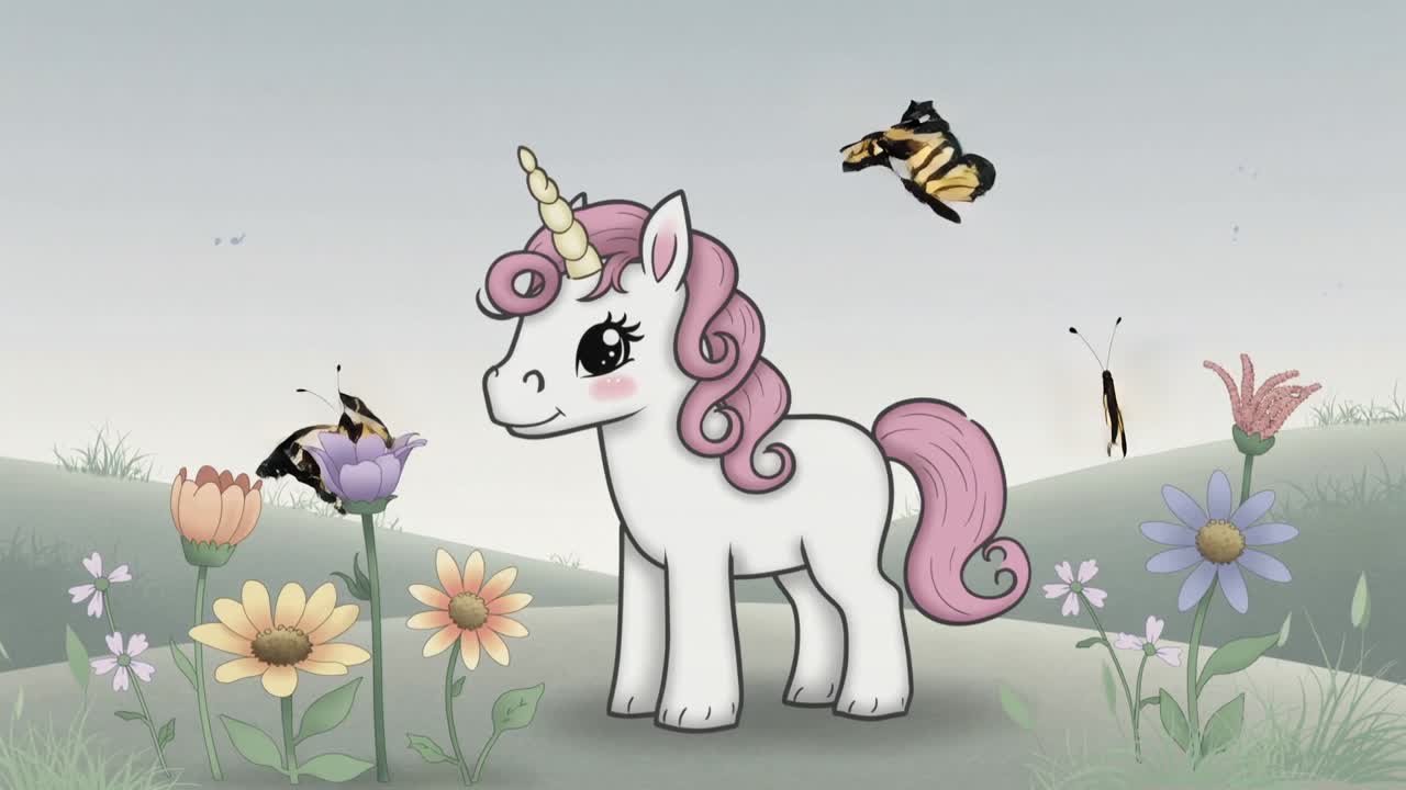 Mariposas entrando y rodeando un unicornio blanco de dibujos animados de pie en un prado de hierba, posándose en flores.