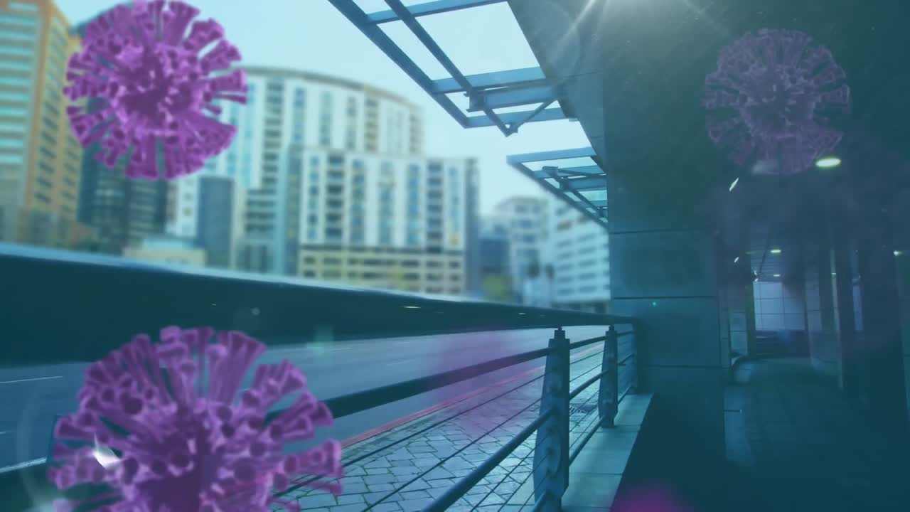 도시 풍경 위에 떠다니는 거대한 코로나19 세포의 애니메이션