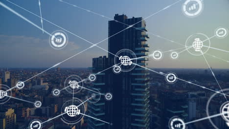 network of connections and data processing animation over cityscape with skyscrapers