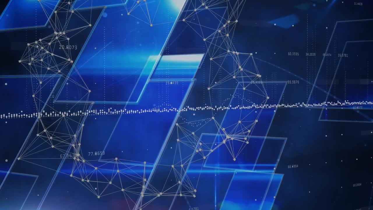 파란 사각형에 대한 추상적인 모양을 형성하는 연결된 점 위의 그래프의 애니메이션