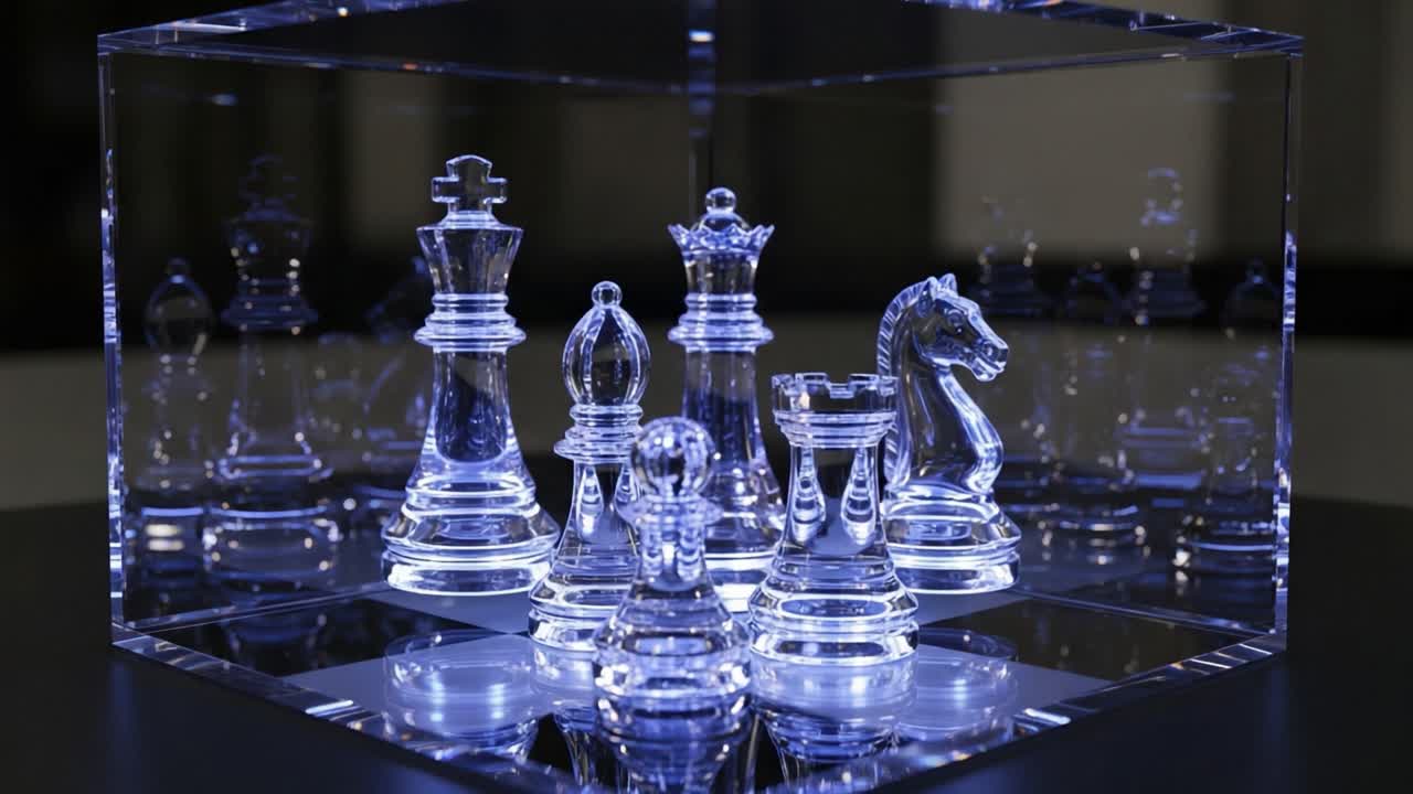 An Artistic Display of Illuminated Crystal Chess Pieces Captured in a Transparent Glass Container, Showcasing the Intricate Design and Form of Each Piece