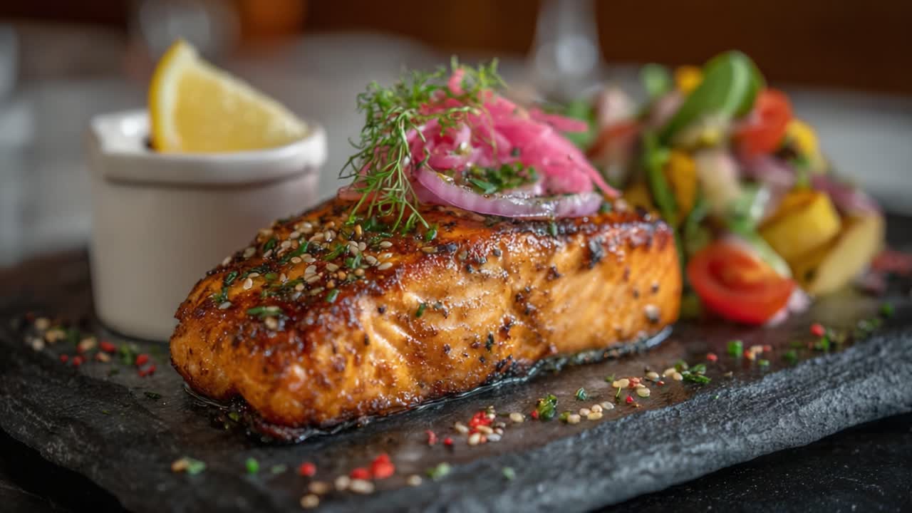 Deliciously Grilled Salmon Fillet Served on a Black Stone Plate with Colorful Vegetable Salad and Lemon Slice Garnish - An Exquisite Culinary Delight