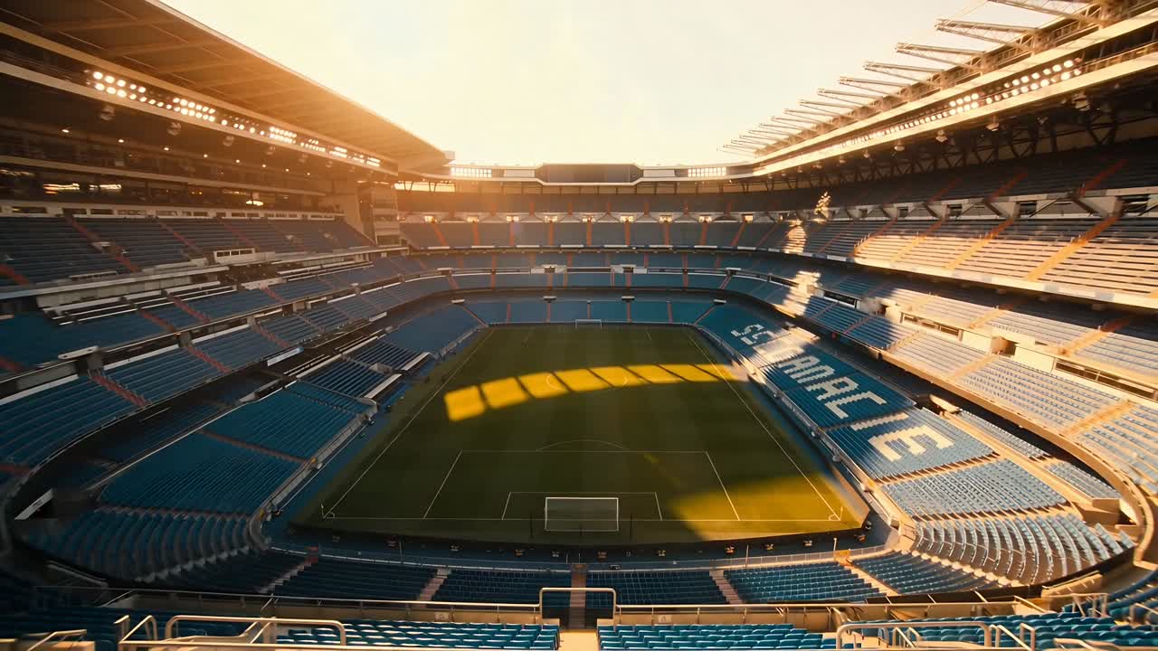 Telecamera aerea che scivola seguendo la luce del sole che si sposta in uno stadio di calcio, mostrando le porte e i sedili blu.