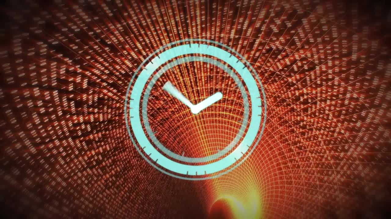 Animation of clock moving over red digital tunnel