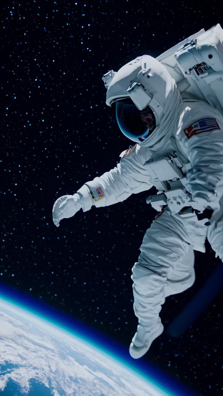 Astronaut in Spacesuit Floating Above Earth's Horizon