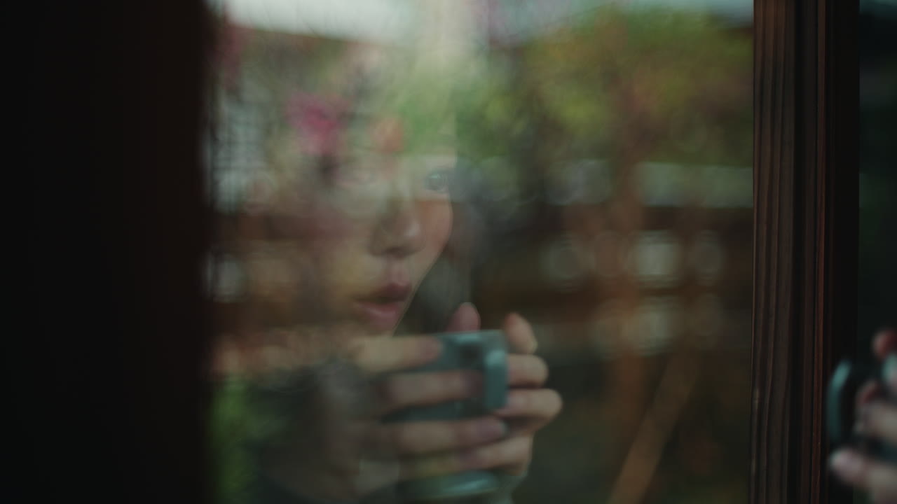 Woman drinking from a mug while looking out of a window