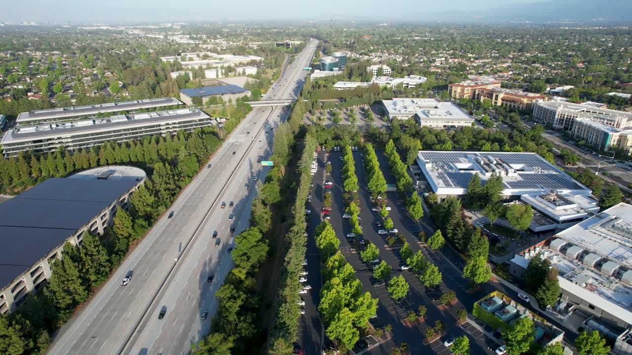 Cupertino Aerial View Of Junipero Serra Freeway Interstate 280 Near Apple Headquarters 'Spaceship' with Urban Business District in San Jose on a Beautiful Sunny Day from Above