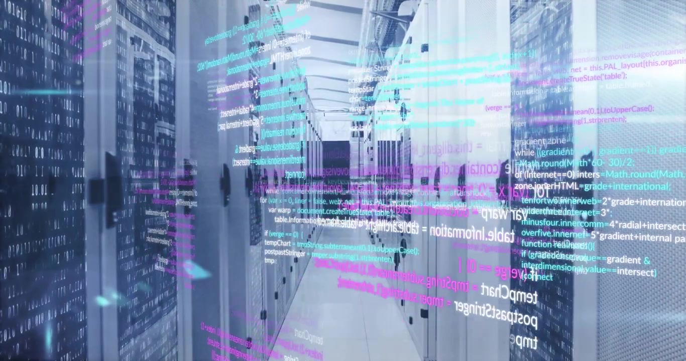 Floating cyan magenta code lines emerging from corridor edges then converging visualizing data flow
