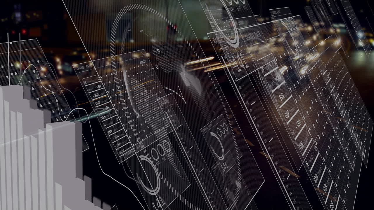 interfaccia digitale con animazione di dati finanziari su una strada trafficata della città di notte