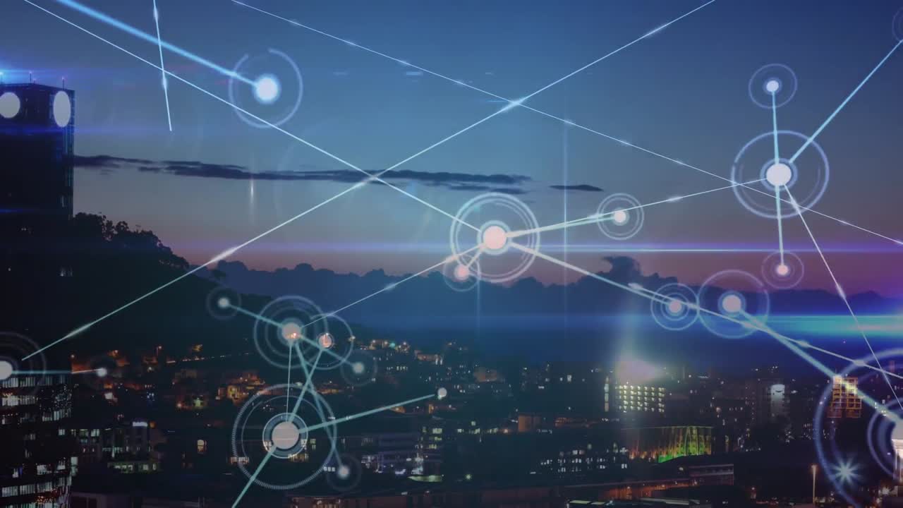 Animation of network of connections over cityscape