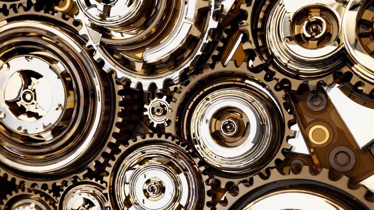 Close-up video of interlocking gears in motion, showcasing intricate details and metallic textures