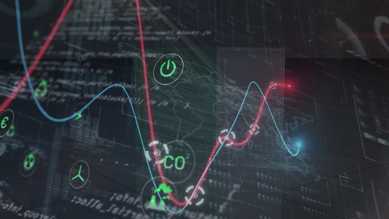 animación del procesamiento de datos sobre iconos ecológicos y mapa del mundo.