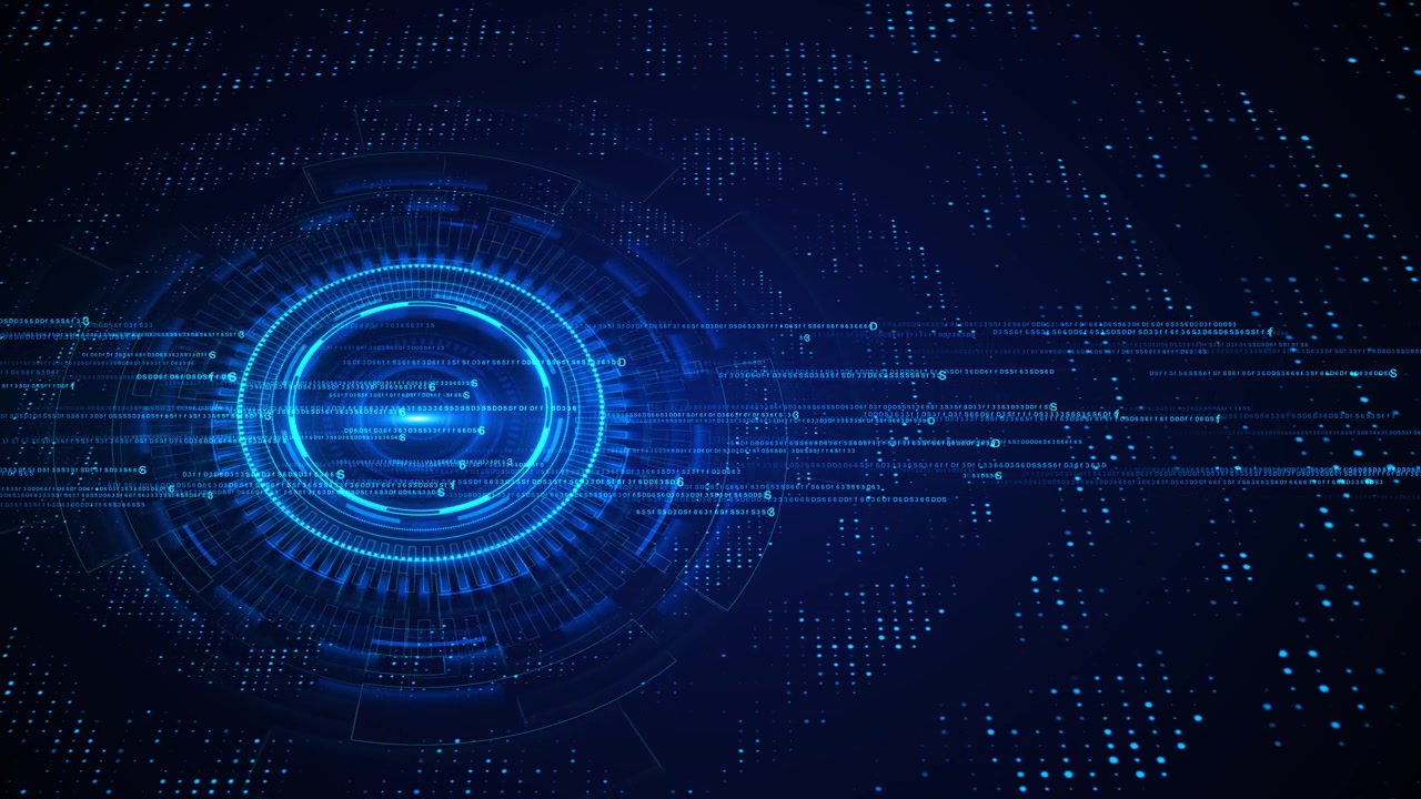Blå HUD-dataring baggrund med glødende cirkulær grænseflade, prikket matrix og streamende kodebånd til.