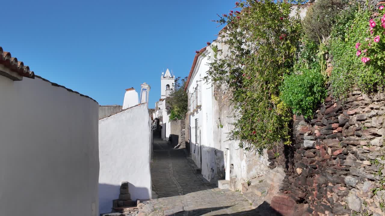 Charming cobbled street in sunny Monsaraz, Portugal, with white walls and flowers