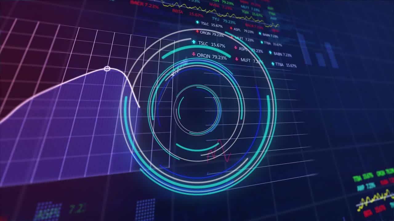 Animation of round scanner, statistical and stock market data processing on purple background